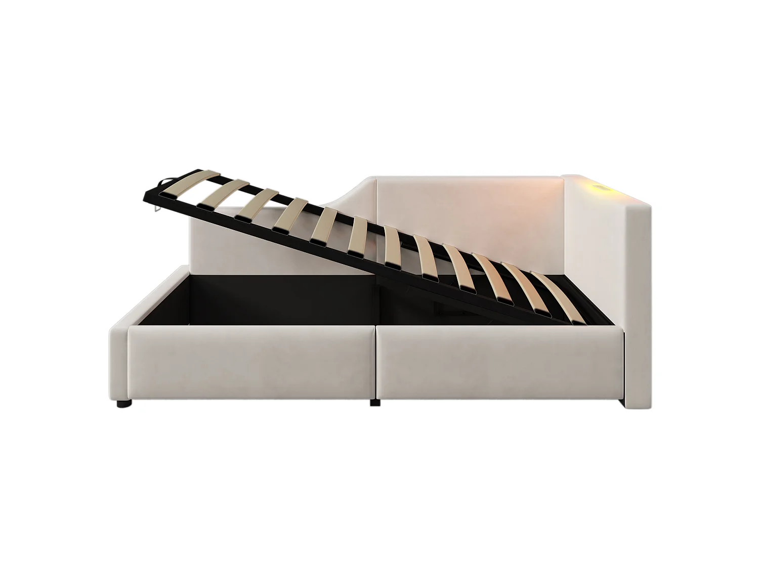 Lit coffre 90x200, Velours, Hydraulique, Lampe Lecture, USB C, Lattes Bois, Matelas Non Inclus, Pour Enfant, Beige