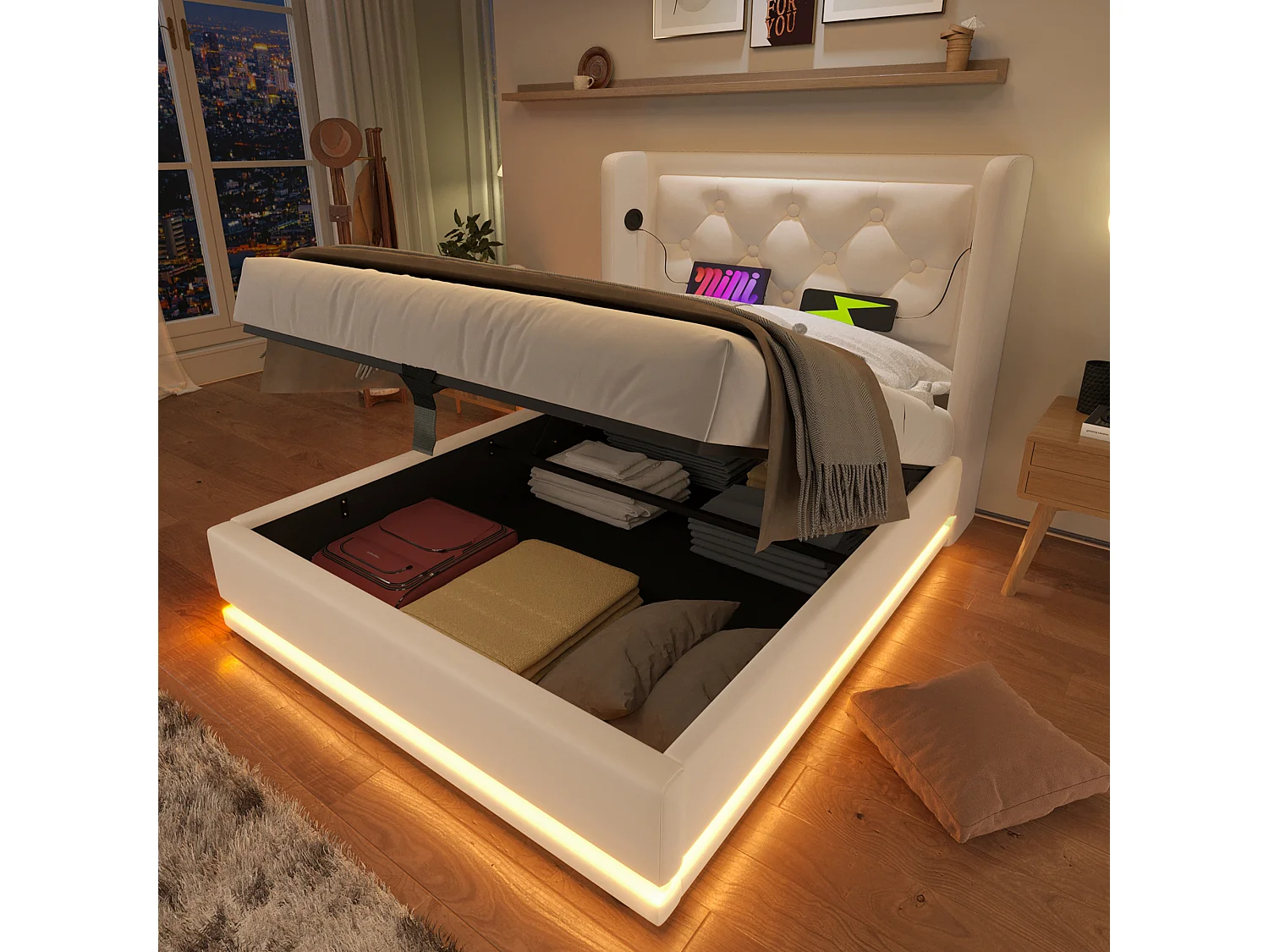 Lit Rembourré 90x200 PU, Tête Capitonnée Ailes 16cm, USB Type C Deux Côtés, LED 3 Côtés 16 Couleurs, Hydraulique Rangement, Blanc