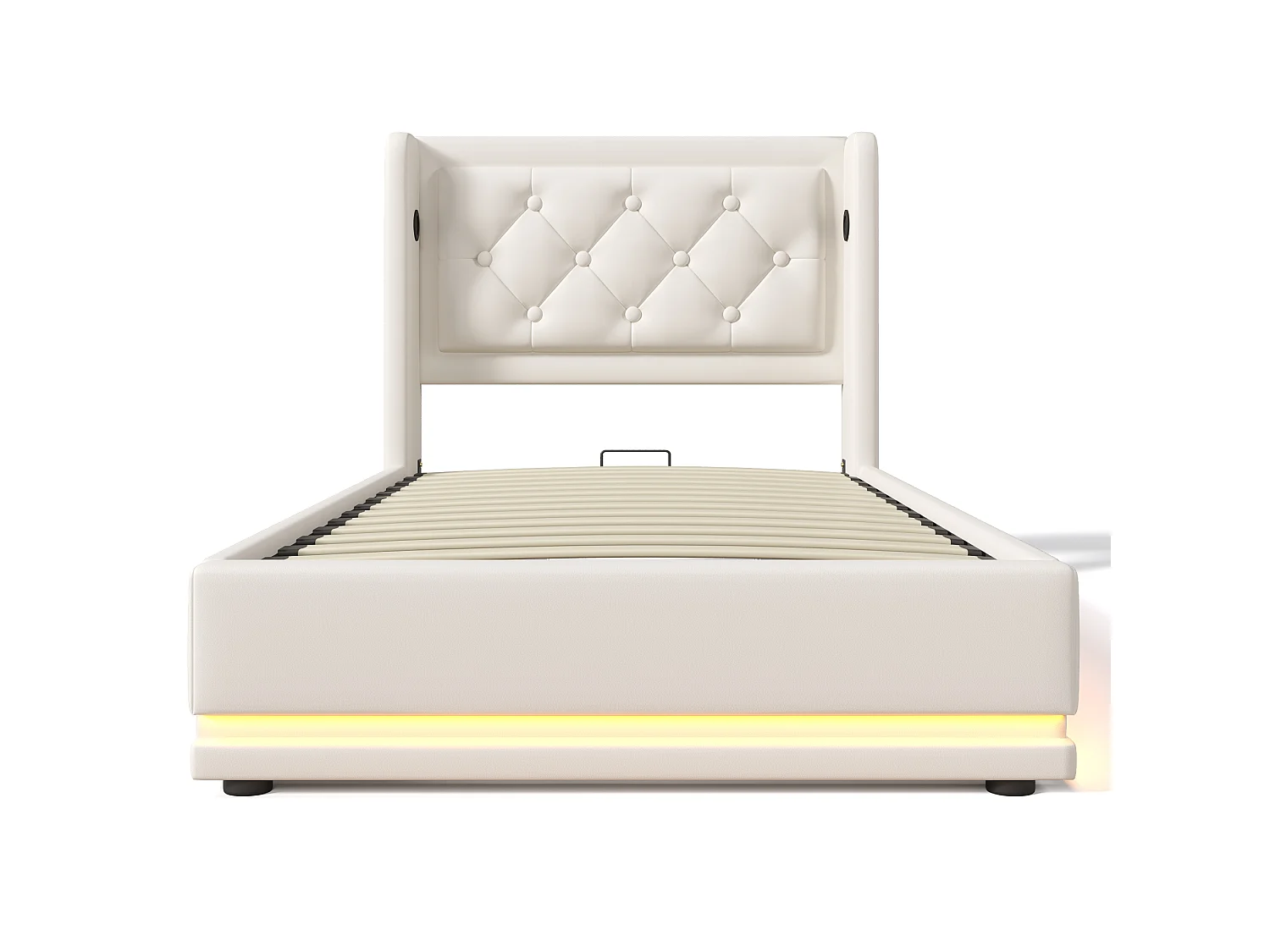 Lit Rembourré 90x200 PU, Tête Capitonnée Ailes 16cm, USB Type C Deux Côtés, LED 3 Côtés 16 Couleurs, Hydraulique Rangement, Blanc