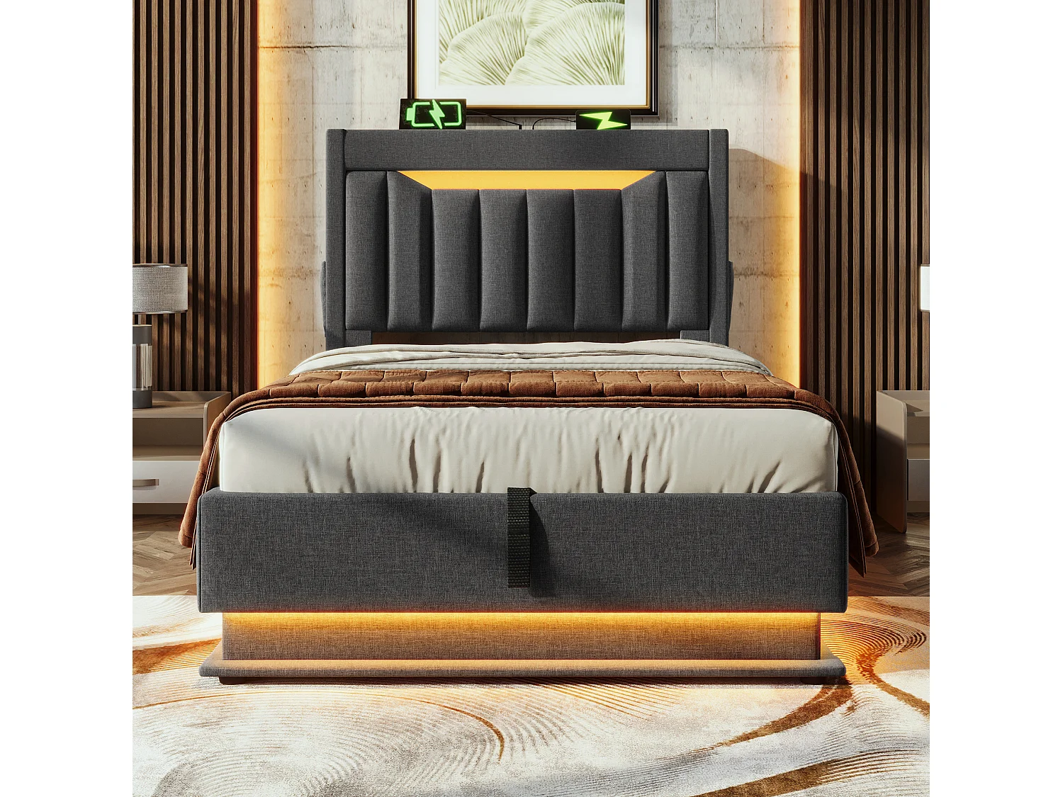 Lit Capitonné 90x200 cm, LED RGB Tête Pied, USB Type-C, Rangement Hydraulique, Étagère Tête, Sans Matelas, Stable, Lin Gris