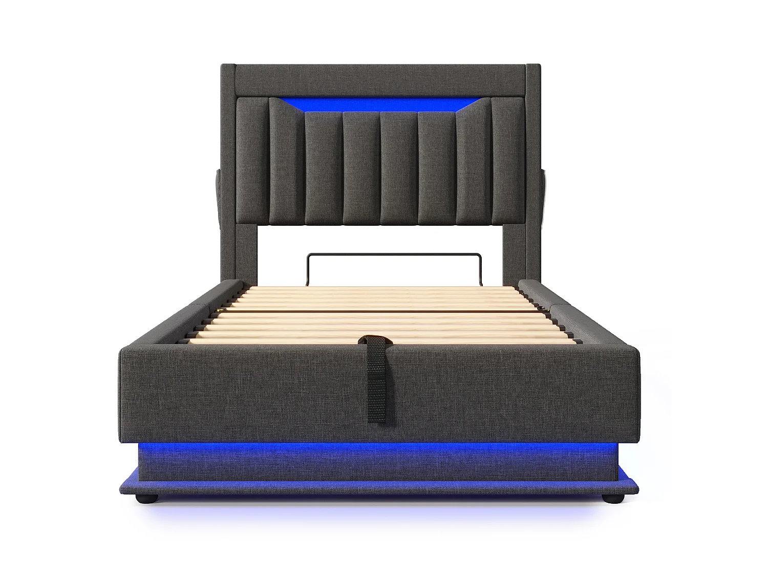 Lit Capitonné 90x200 cm, LED RGB Tête Pied, USB Type-C, Rangement Hydraulique, Étagère Tête, Sans Matelas, Stable, Lin Gris
