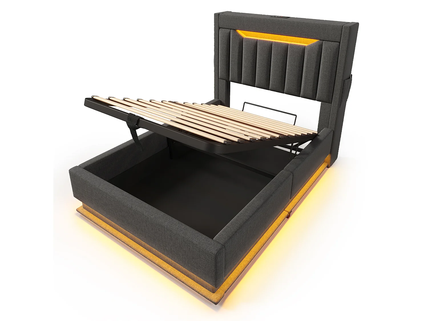 Lit Capitonné 90x200 cm, LED RGB Tête Pied, USB Type-C, Rangement Hydraulique, Étagère Tête, Sans Matelas, Stable, Lin Gris