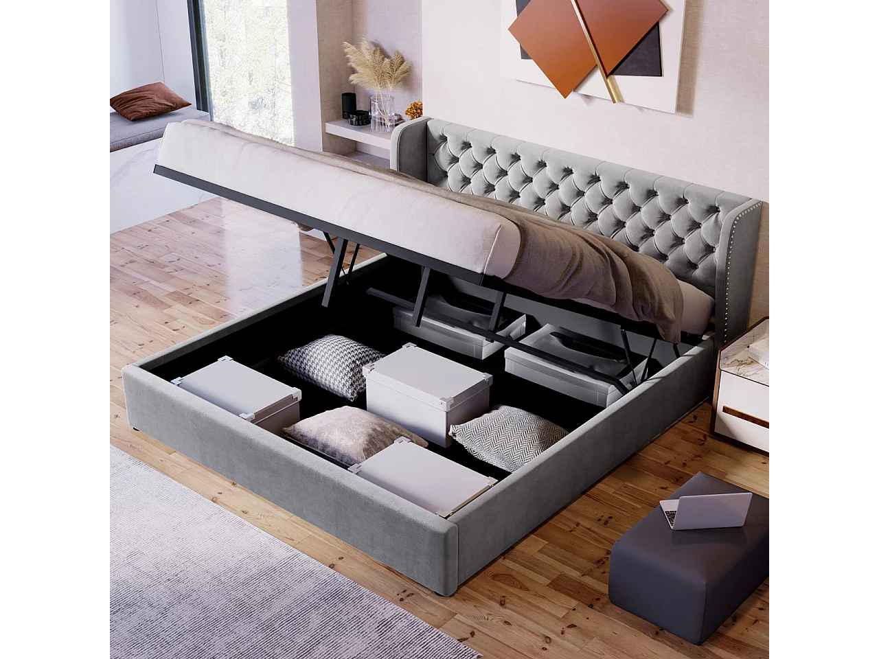 Lit double capitonné 180x200,style Chesterfield,rangement hydraulique,sommier à lattes,tête de lit à oreilles,velours gris