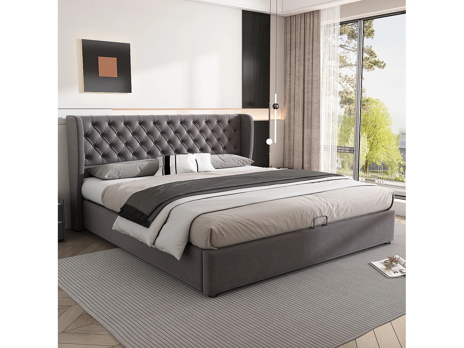 Lit double capitonné 180x200,style Chesterfield,rangement hydraulique,sommier à lattes,tête de lit à oreilles,velours gris