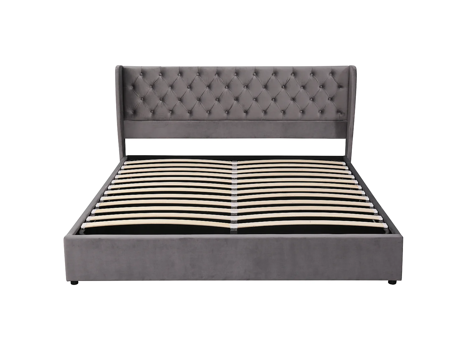 Lit double capitonné 180x200,style Chesterfield,rangement hydraulique,sommier à lattes,tête de lit à oreilles,velours gris