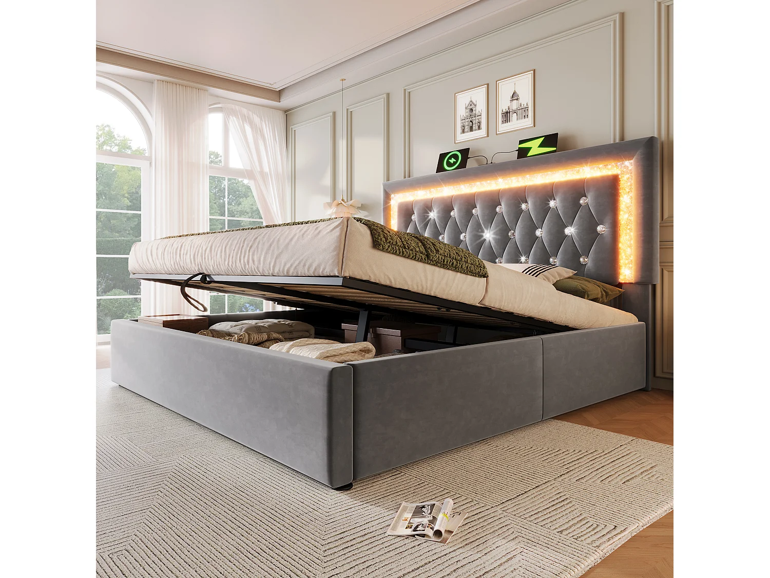 Lit 140x200 cm, LED avec App et Mode Musical, Tête de Lit avec USB Type C, Rangement Hydraulique, Sommier à Lattes Inclus, Gris