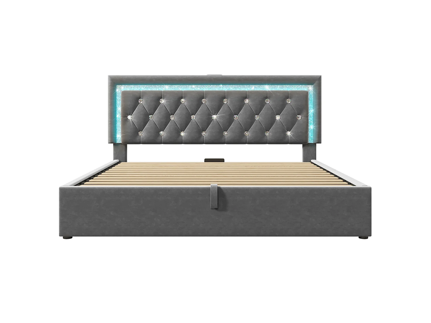Lit 140x200 cm, LED avec App et Mode Musical, Tête de Lit avec USB Type C, Rangement Hydraulique, Sommier à Lattes Inclus, Gris