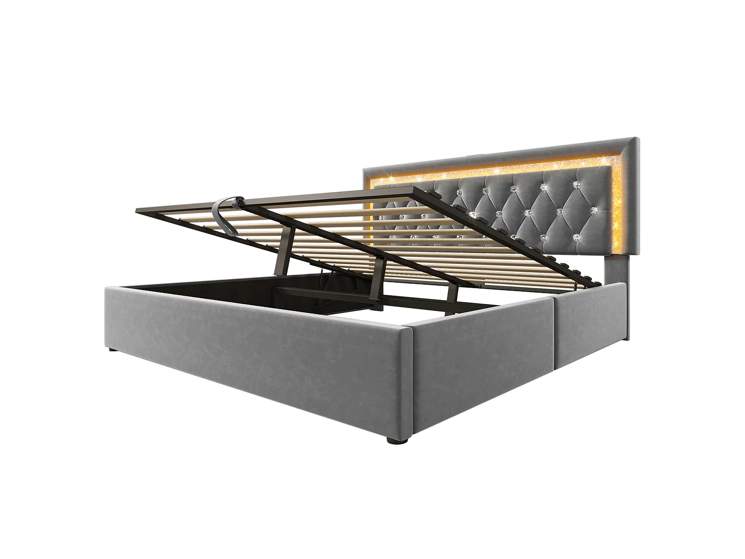 Lit 140x200 cm, LED avec App et Mode Musical, Tête de Lit avec USB Type C, Rangement Hydraulique, Sommier à Lattes Inclus, Gris