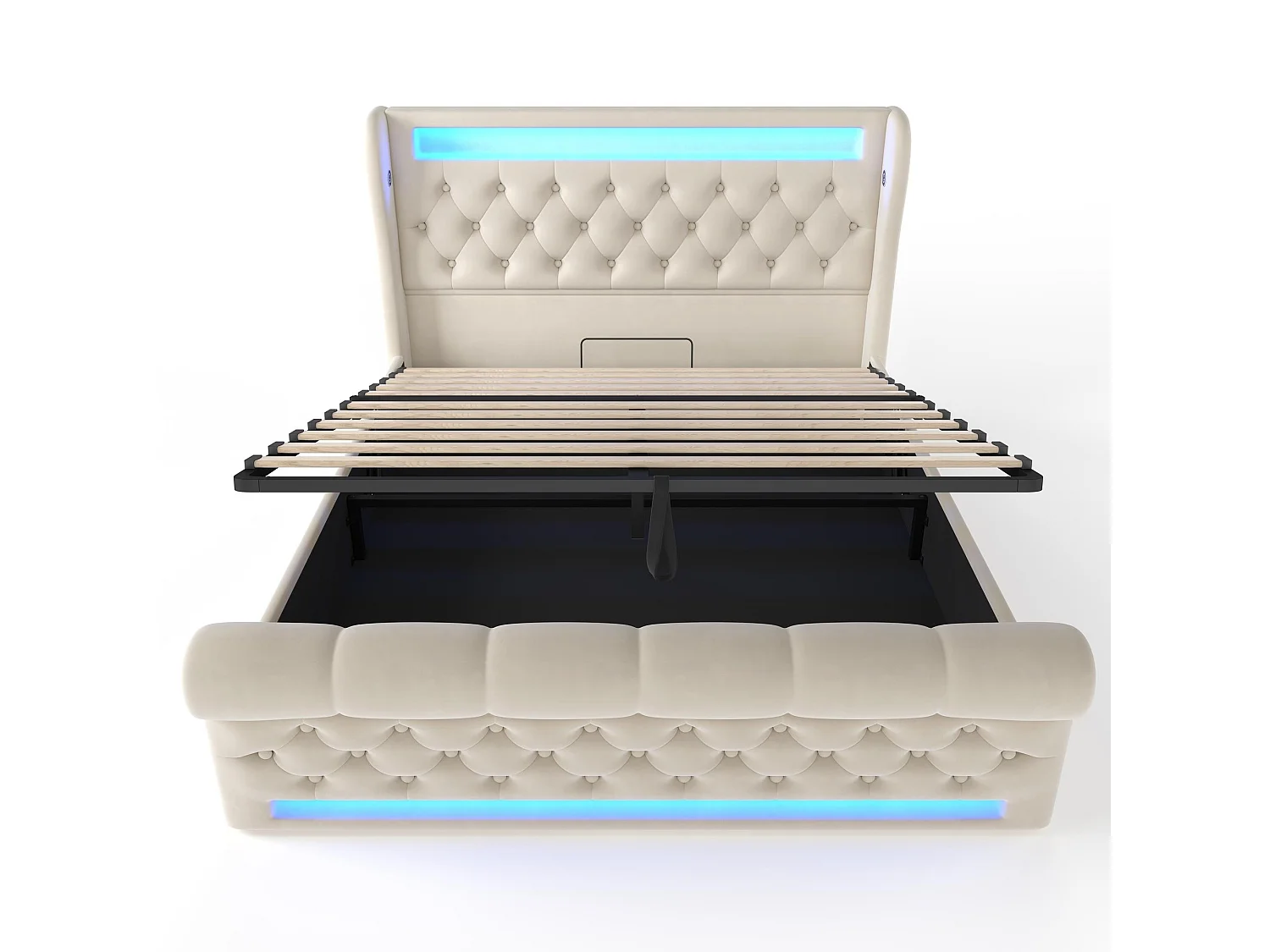 Lit Rembourré Velours 140x200 Beige, LED 60000 Couleurs App Télécommande, USB Type C Deux Côtés, Hydraulique Rangement, sans Matelas