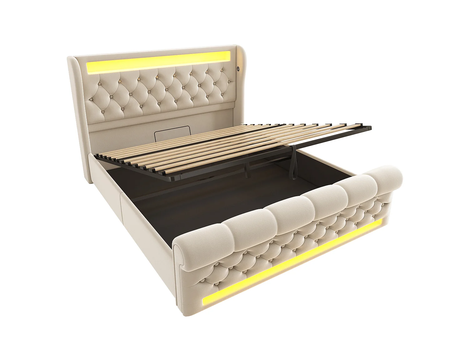 Lit Rembourré Velours 140x200 Beige, LED 60000 Couleurs App Télécommande, USB Type C Deux Côtés, Hydraulique Rangement, sans Matelas