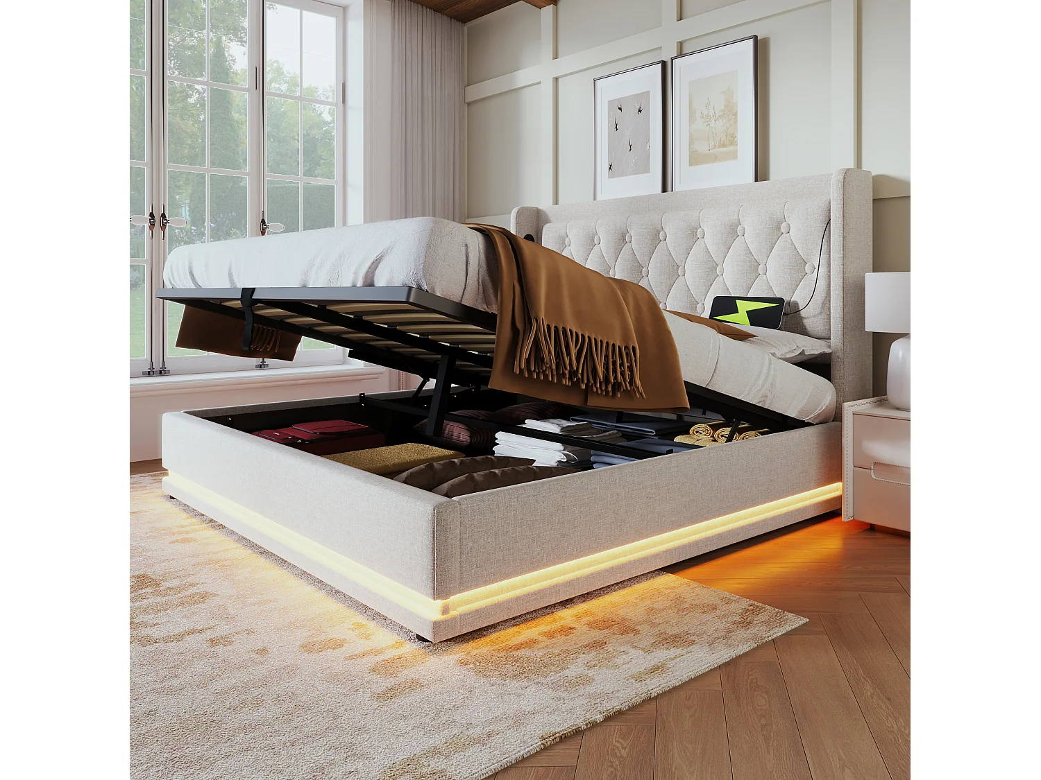 Lit 160x200 cm, Rangement Hydraulique, USB Type-C au Tête de Lit, LED 3 Côtés 16 Couleurs, Coton Beige, Sans Matelas
