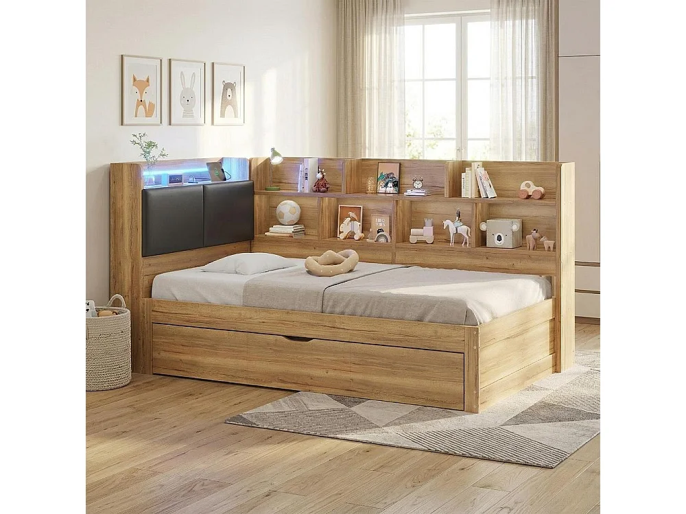 Lit enfant 90x200 cm, LED, USB, lit gigogne 90x190, étagères, rangements, design L bois, confortable et pratique, naturel