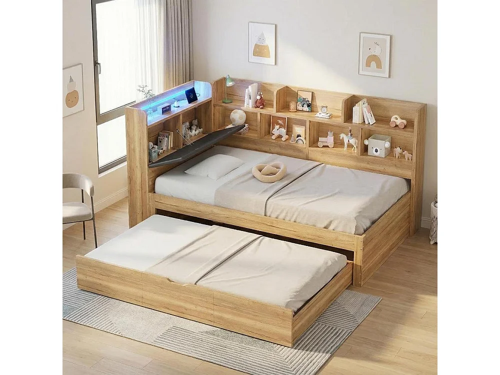 Lit enfant 90x200 cm, LED, USB, lit gigogne 90x190, étagères, rangements, design L bois, confortable et pratique, naturel