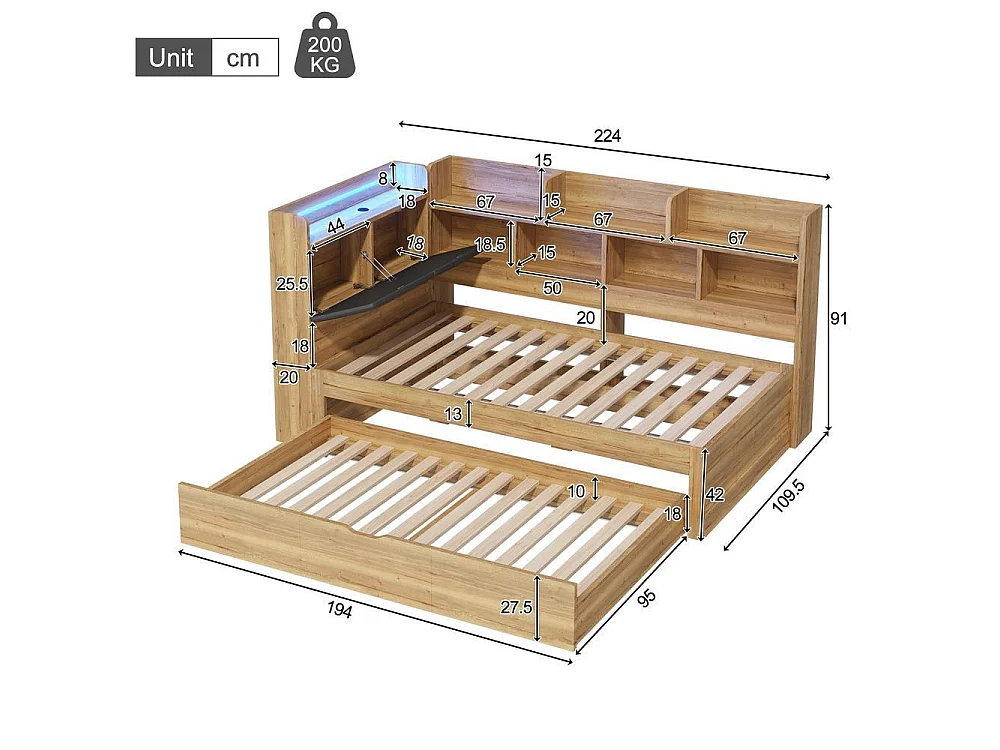 Lit enfant 90x200 cm, LED, USB, lit gigogne 90x190, étagères, rangements, design L bois, confortable et pratique, naturel