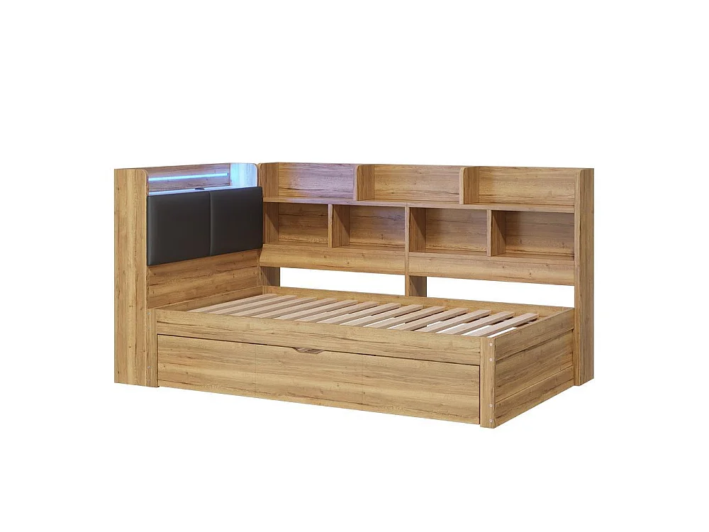Lit enfant 90x200 cm, LED, USB, lit gigogne 90x190, étagères, rangements, design L bois, confortable et pratique, naturel