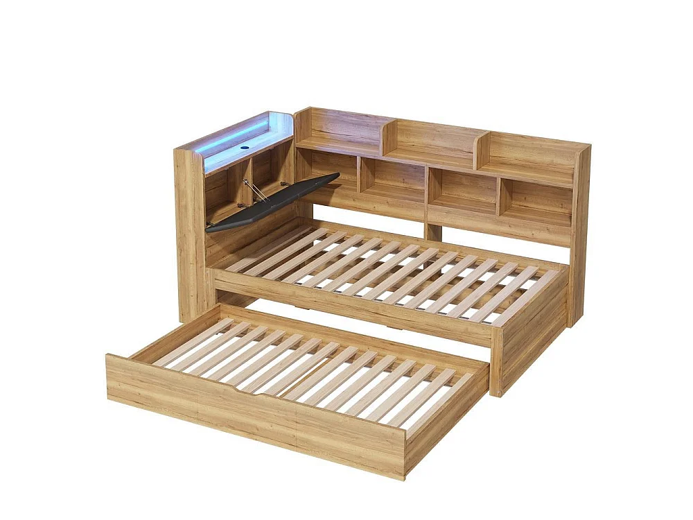 Lit enfant 90x200 cm, LED, USB, lit gigogne 90x190, étagères, rangements, design L bois, confortable et pratique, naturel