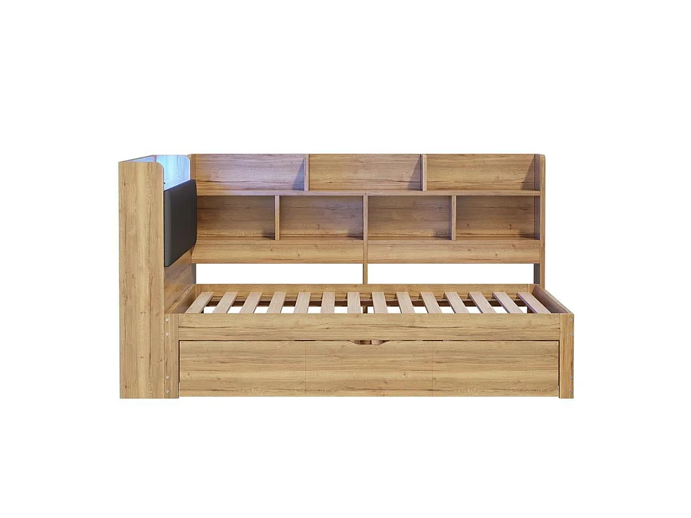 Lit enfant 90x200 cm, LED, USB, lit gigogne 90x190, étagères, rangements, design L bois, confortable et pratique, naturel