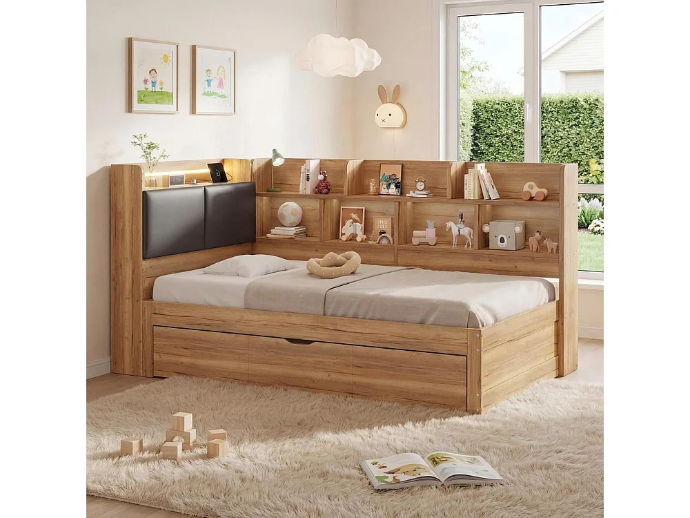 Lit enfant 90x200 cm, LED, USB, lit gigogne 90x190, étagères, rangements, design L bois, confortable et pratique, naturel