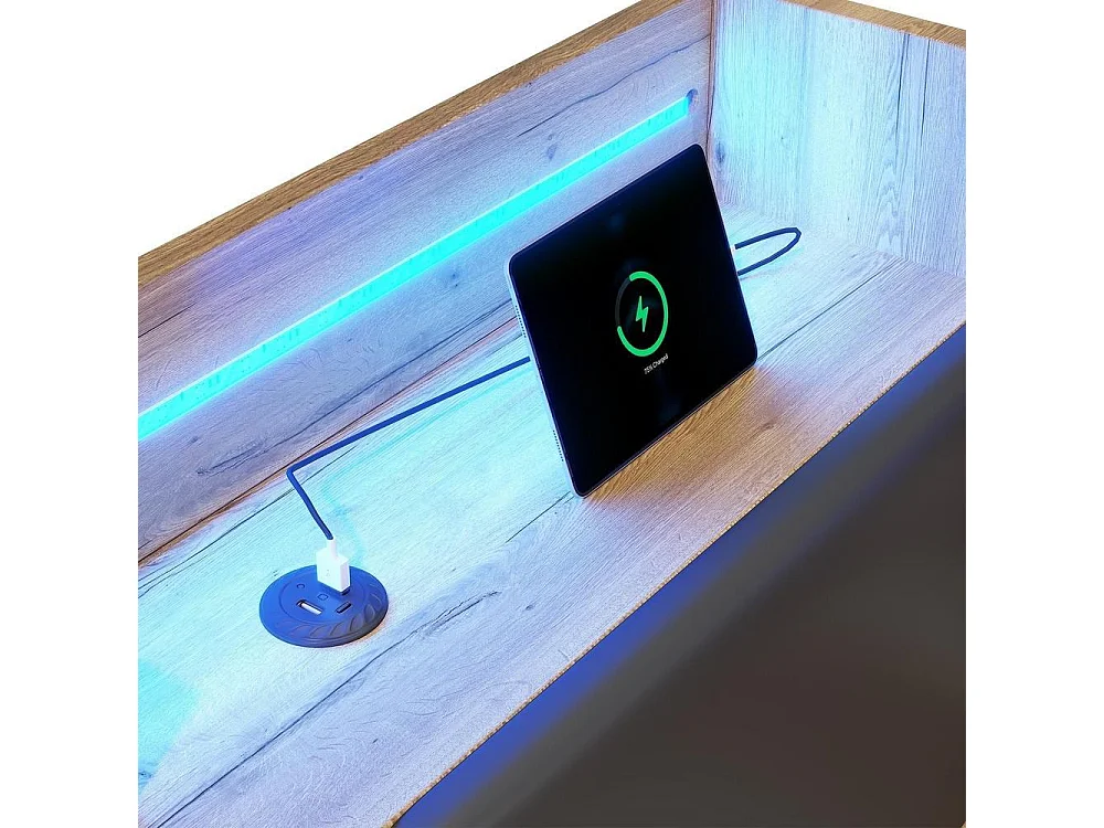 Lit enfant 90x200 cm, LED, USB, lit gigogne 90x190, étagères, rangements, design L bois, confortable et pratique, naturel