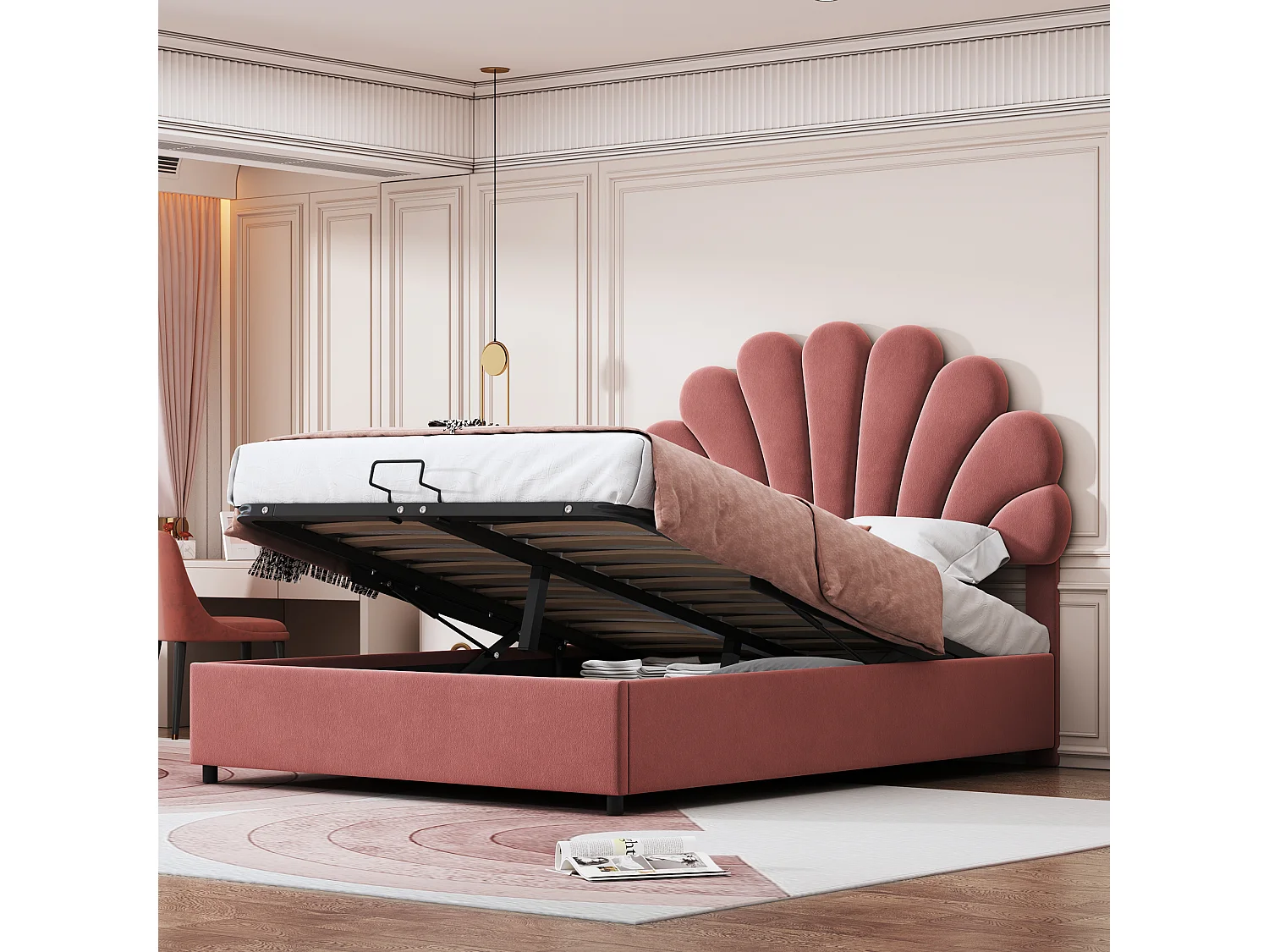 Lit 140x200 cm, Tête de Lit Imprimé Fleuri, Tête Réglable, Rangement Hydraulique, Velours Rose, Sans Matelas