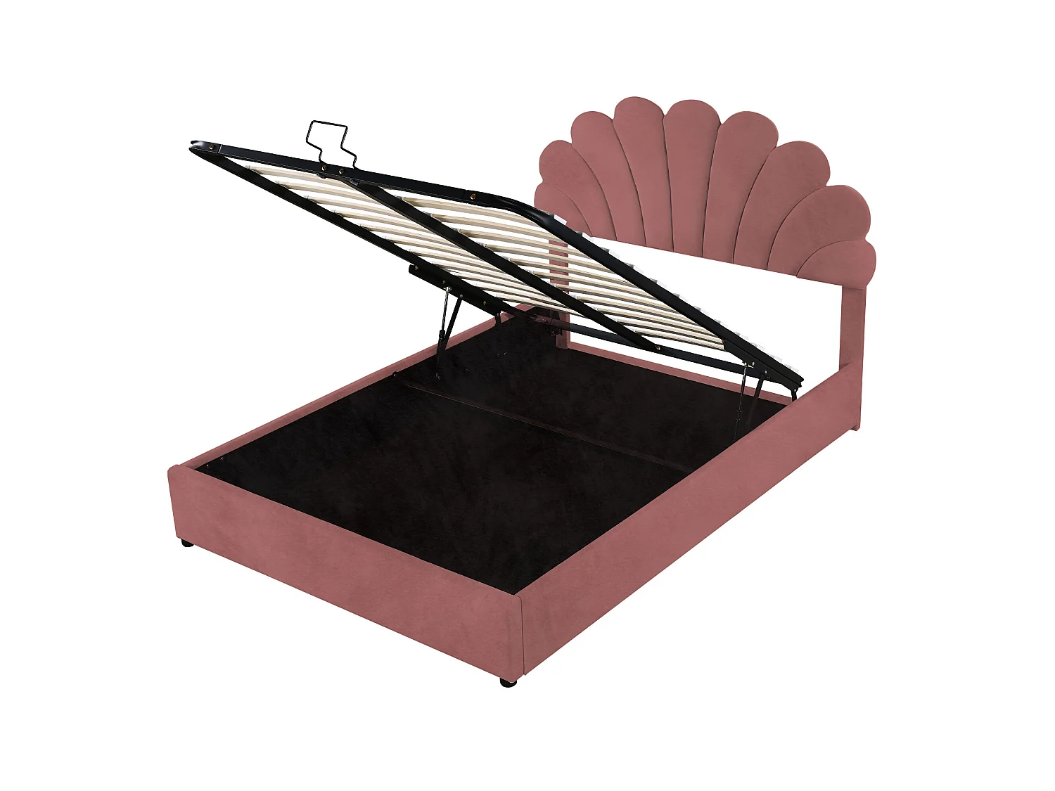 Lit 140x200 cm, Tête de Lit Imprimé Fleuri, Tête Réglable, Rangement Hydraulique, Velours Rose, Sans Matelas