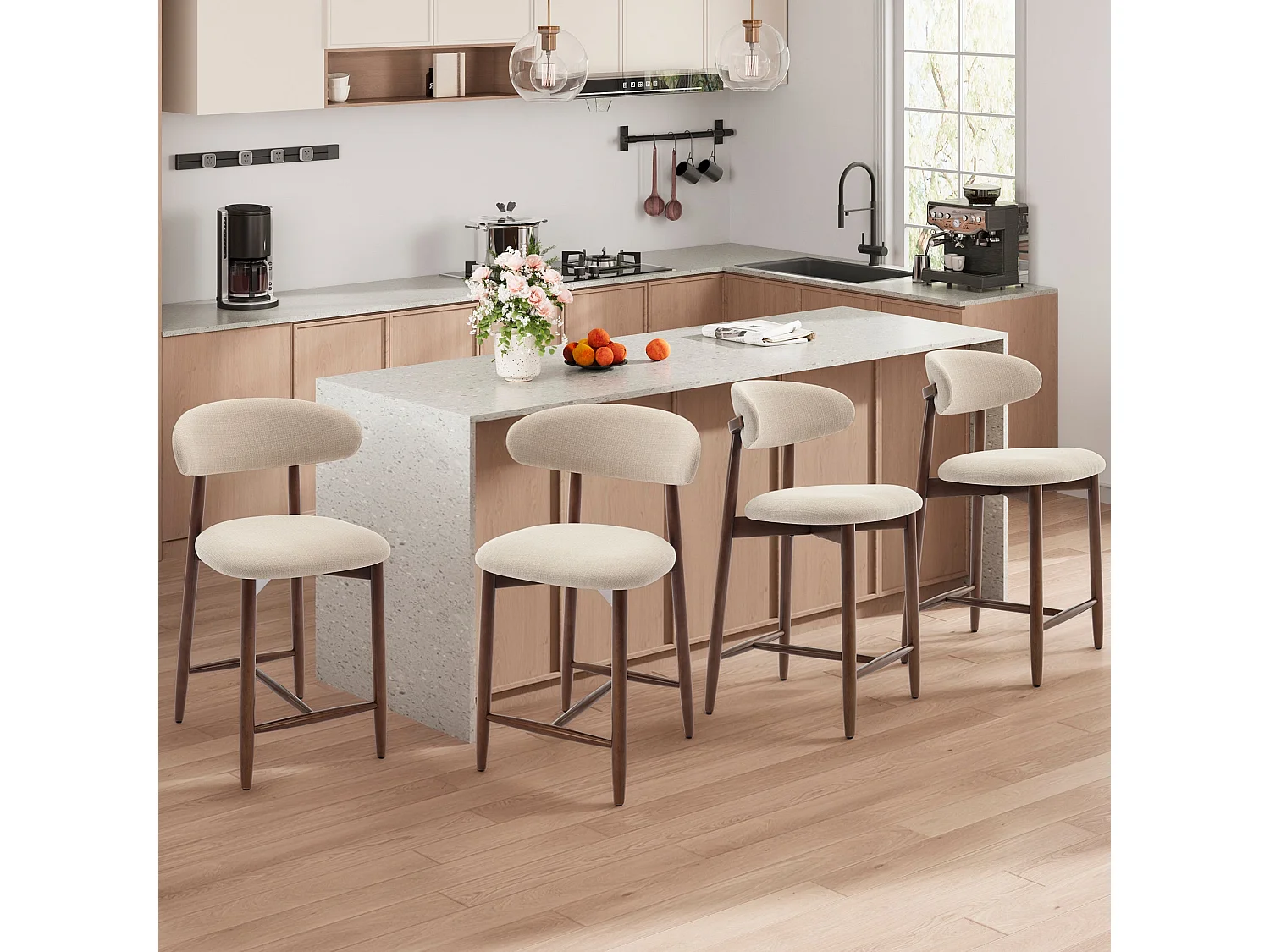 Set van 4 Beige Barkrukken SMARTUE – Hoge Barkrukken van Stof, Comfortabele Zitting, Poten van Massief Hout