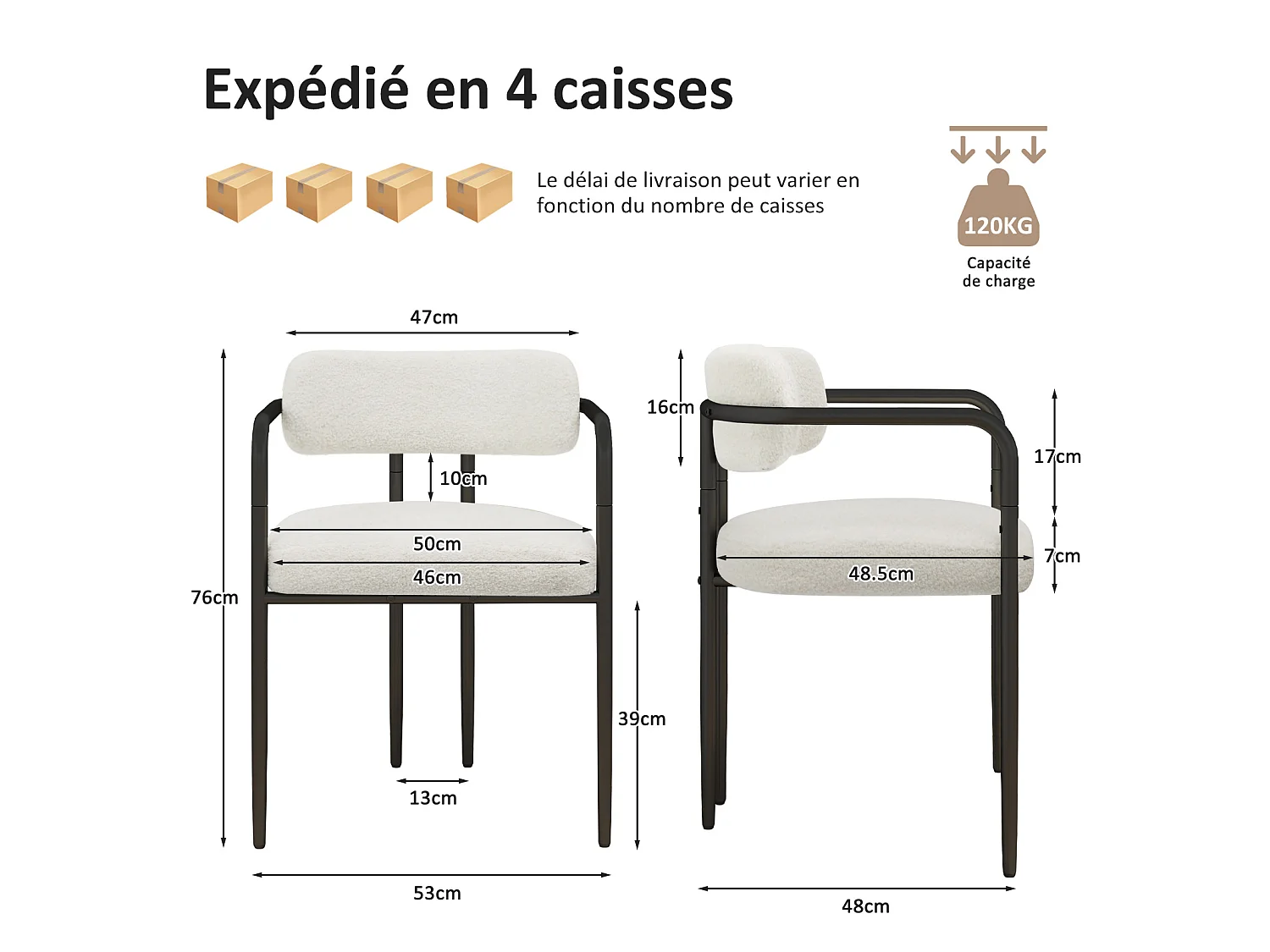 Chaise de salle à manger - Puluomis - Tissu Teddy avec accoudoirs, cadre en fer, patins réglables en hauteur - Blanc