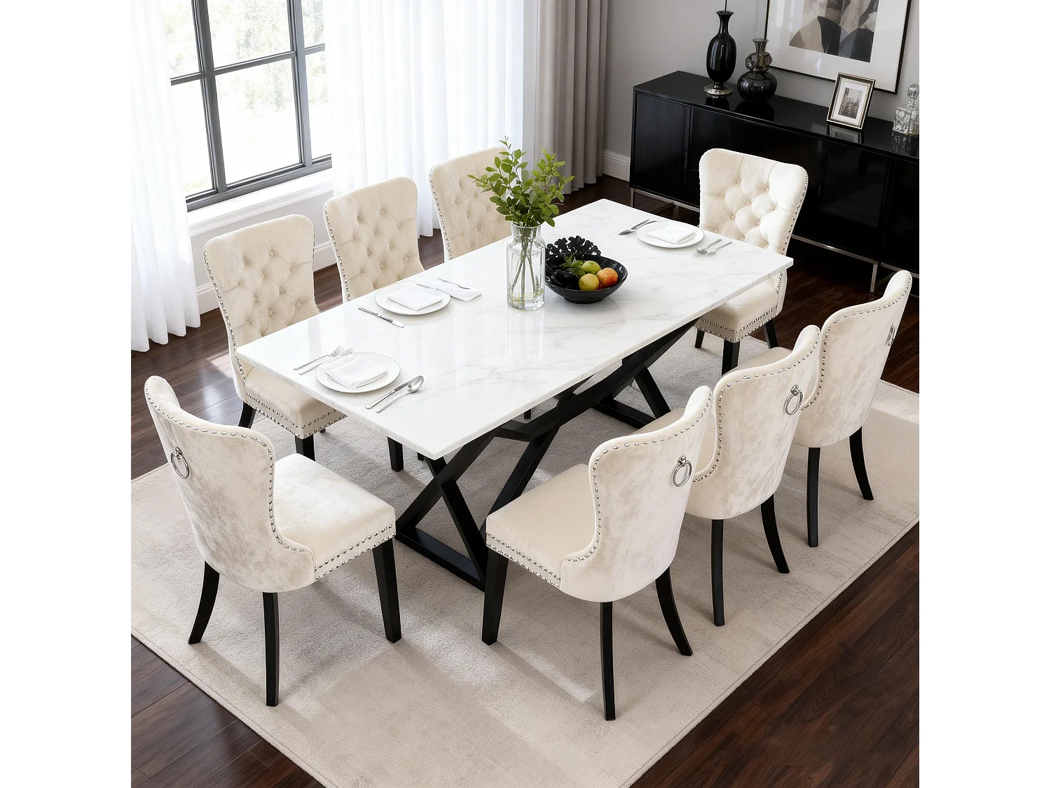 Chaise de salle à manger‑Puluomis‑Velours, capitonnage clouté, anneau de levage, mousse haute densité, ressorts sous assise‑Beige