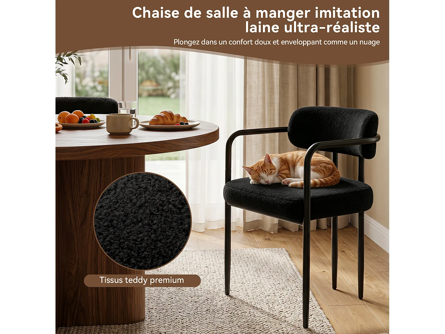 Chaise de salle à manger - Puluomis - Tissu Teddy avec accoudoirs, cadre en fer, patins réglables en hauteur - Noir