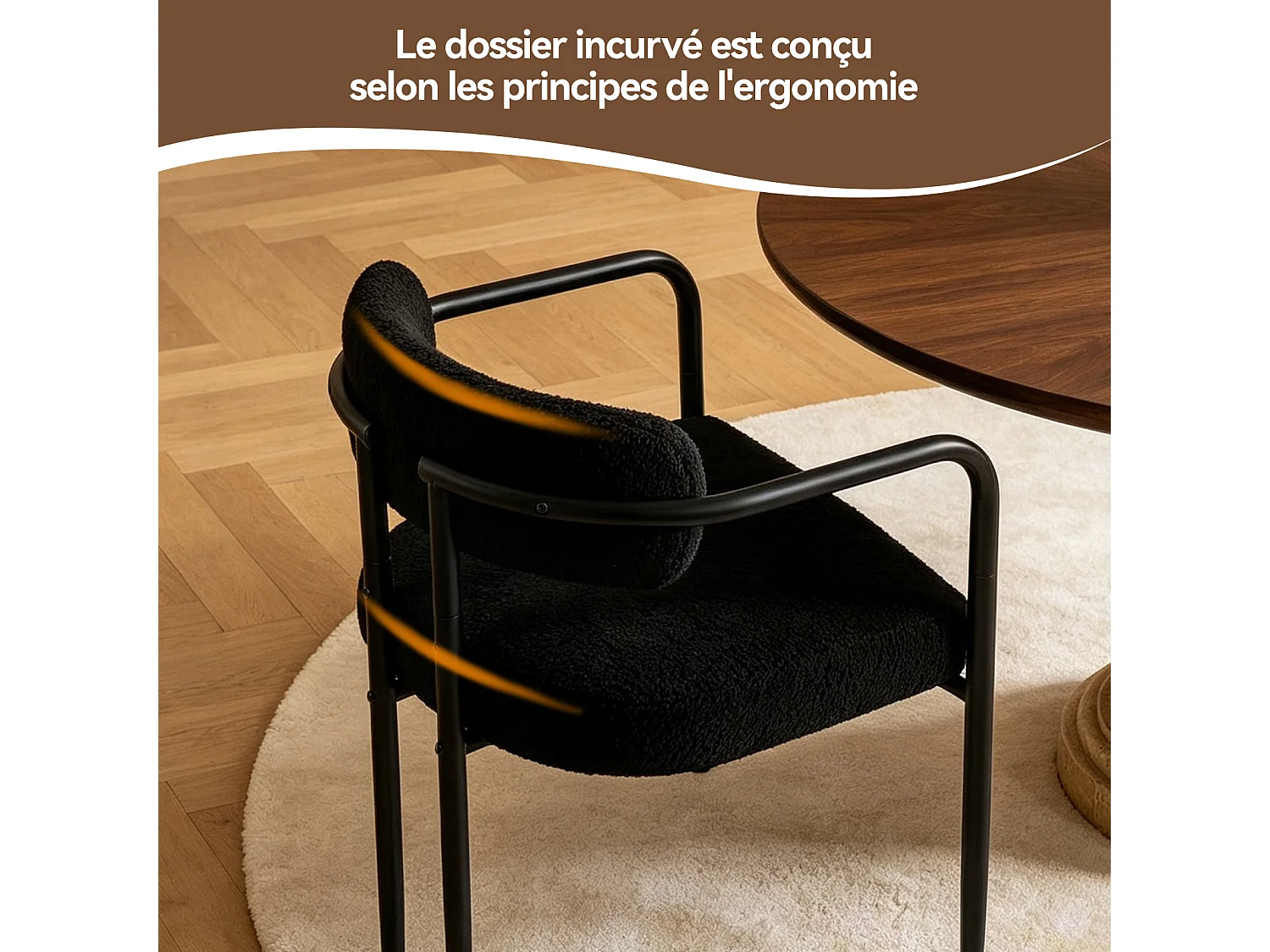 Chaise de salle à manger - Puluomis - Tissu Teddy avec accoudoirs, cadre en fer, patins réglables en hauteur - Noir
