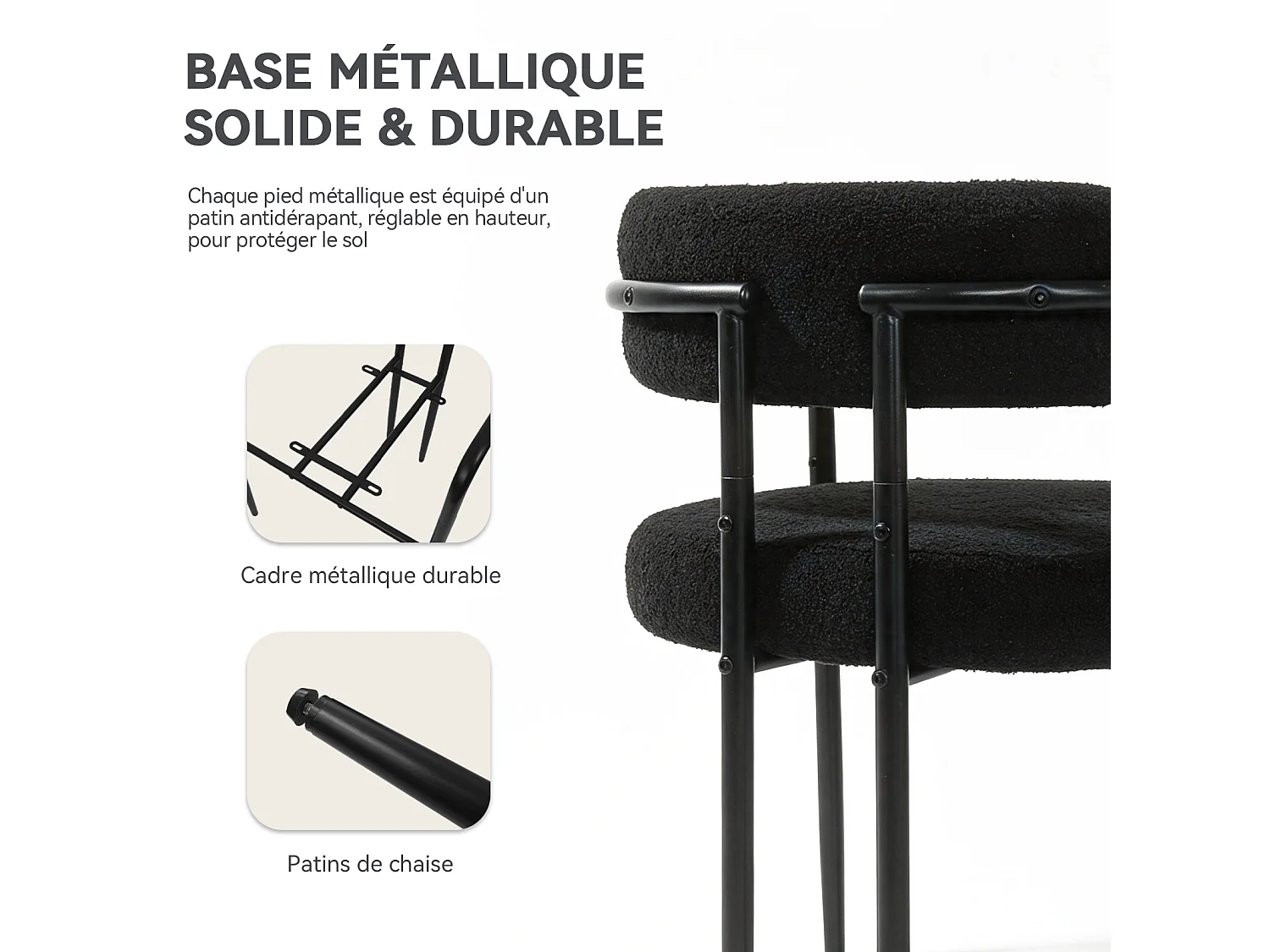 Chaise de salle à manger - Puluomis - Tissu Teddy avec accoudoirs, cadre en fer, patins réglables en hauteur - Noir