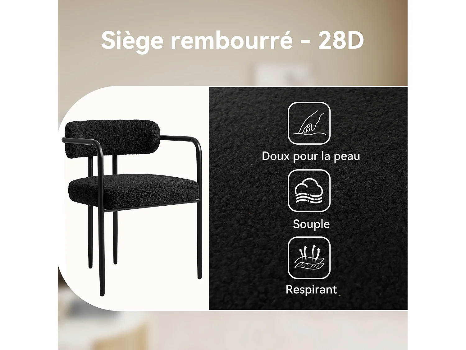 Chaise de salle à manger - Puluomis - Tissu Teddy avec accoudoirs, cadre en fer, patins réglables en hauteur - Noir