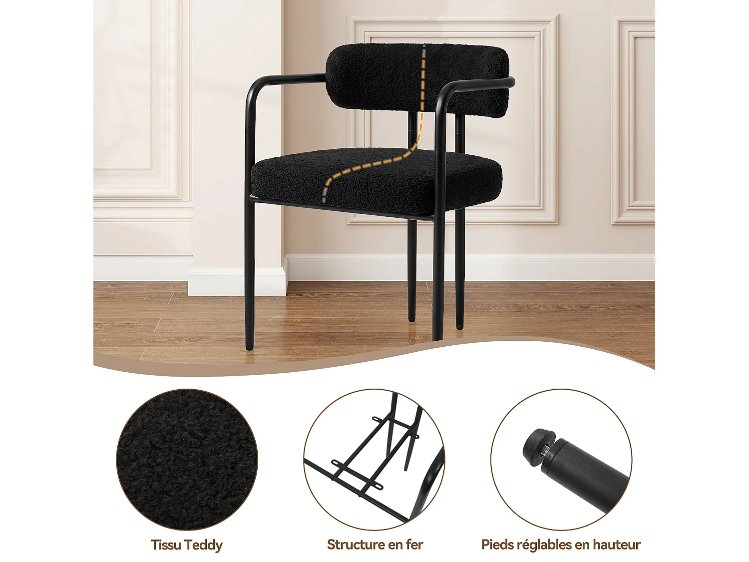Chaise de salle à manger - Puluomis - Tissu Teddy avec accoudoirs, cadre en fer, patins réglables en hauteur - Noir