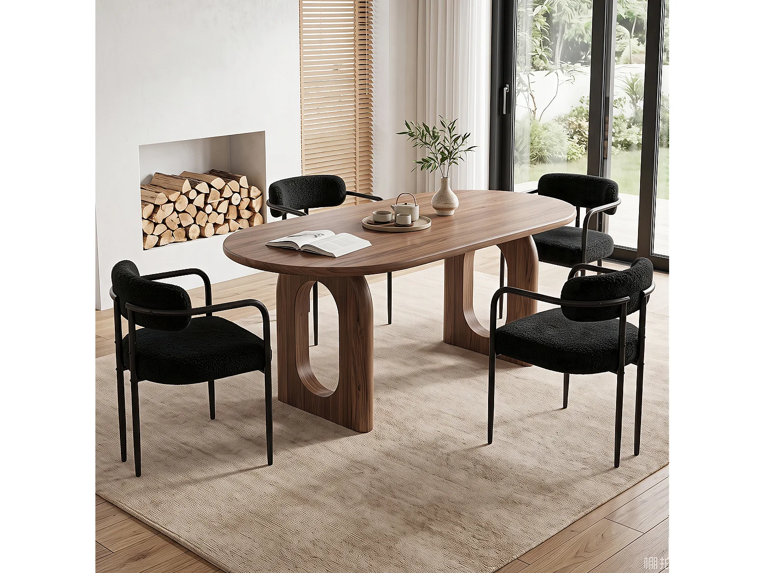 Chaise de salle à manger - Puluomis - Tissu Teddy avec accoudoirs, cadre en fer, patins réglables en hauteur - Noir