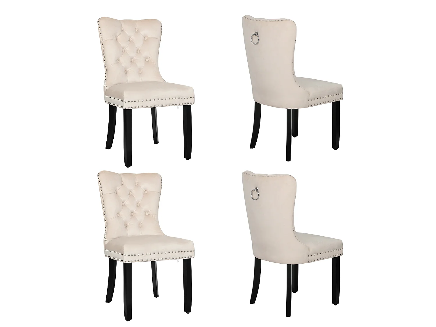 Chaise de salle à manger‑Puluomis‑Velours, capitonnage clouté, anneau de levage, mousse haute densité, ressorts sous assise‑Beige
