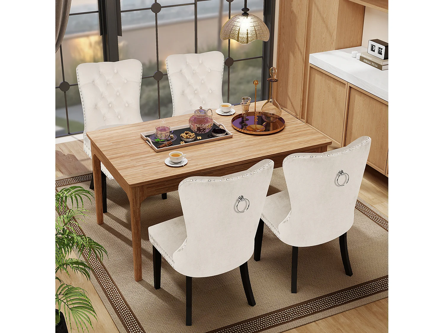 Chaise de salle à manger‑Puluomis‑Velours, capitonnage clouté, anneau de levage, mousse haute densité, ressorts sous assise‑Beige