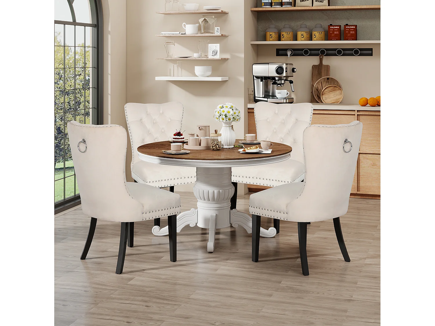 Chaise de salle à manger‑Puluomis‑Velours, capitonnage clouté, anneau de levage, mousse haute densité, ressorts sous assise‑Beige