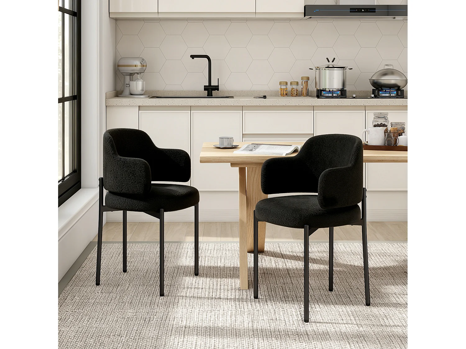 Chaises de Salle à Manger Bouclettes Rembourrées avec Accoudoirs - Dossier Découpé, Éponge Épaisse, Fauteuil Salon Cuisine Coiffeuse, Ergonomique