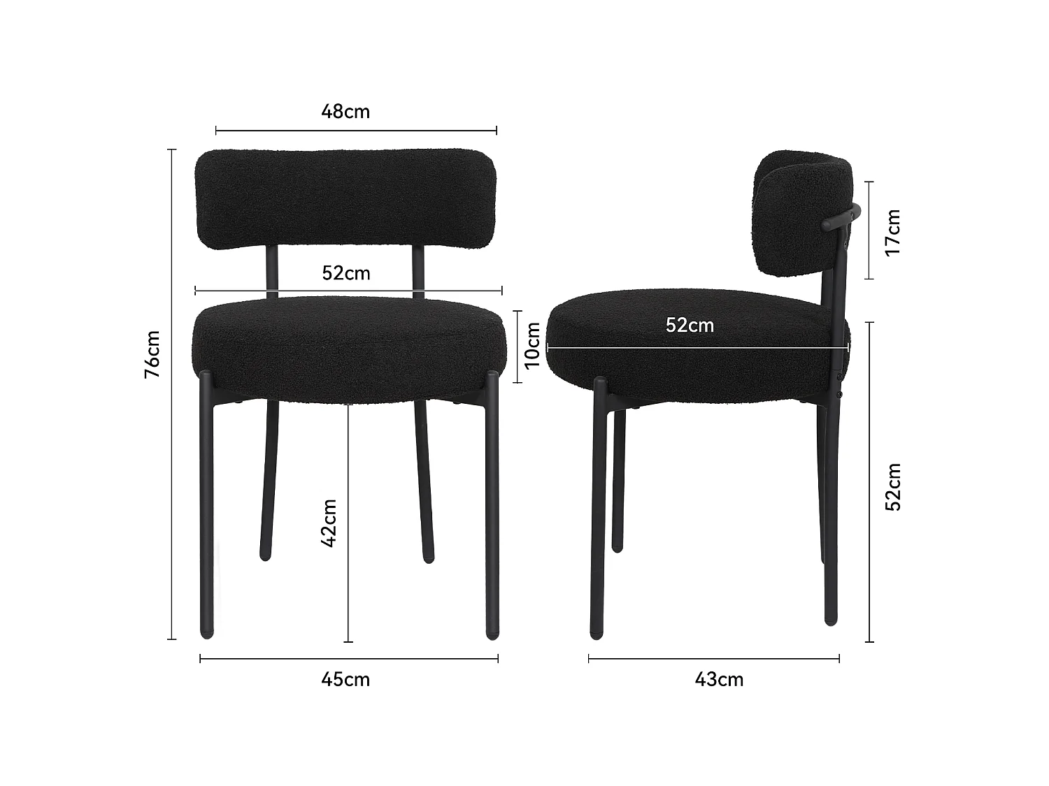 Chaise de salle à manger bouclette - Puluomis - Assise épaisse 10 cm, pieds métalliques, housse amovible, capacité de charge 150 kg - Blanc