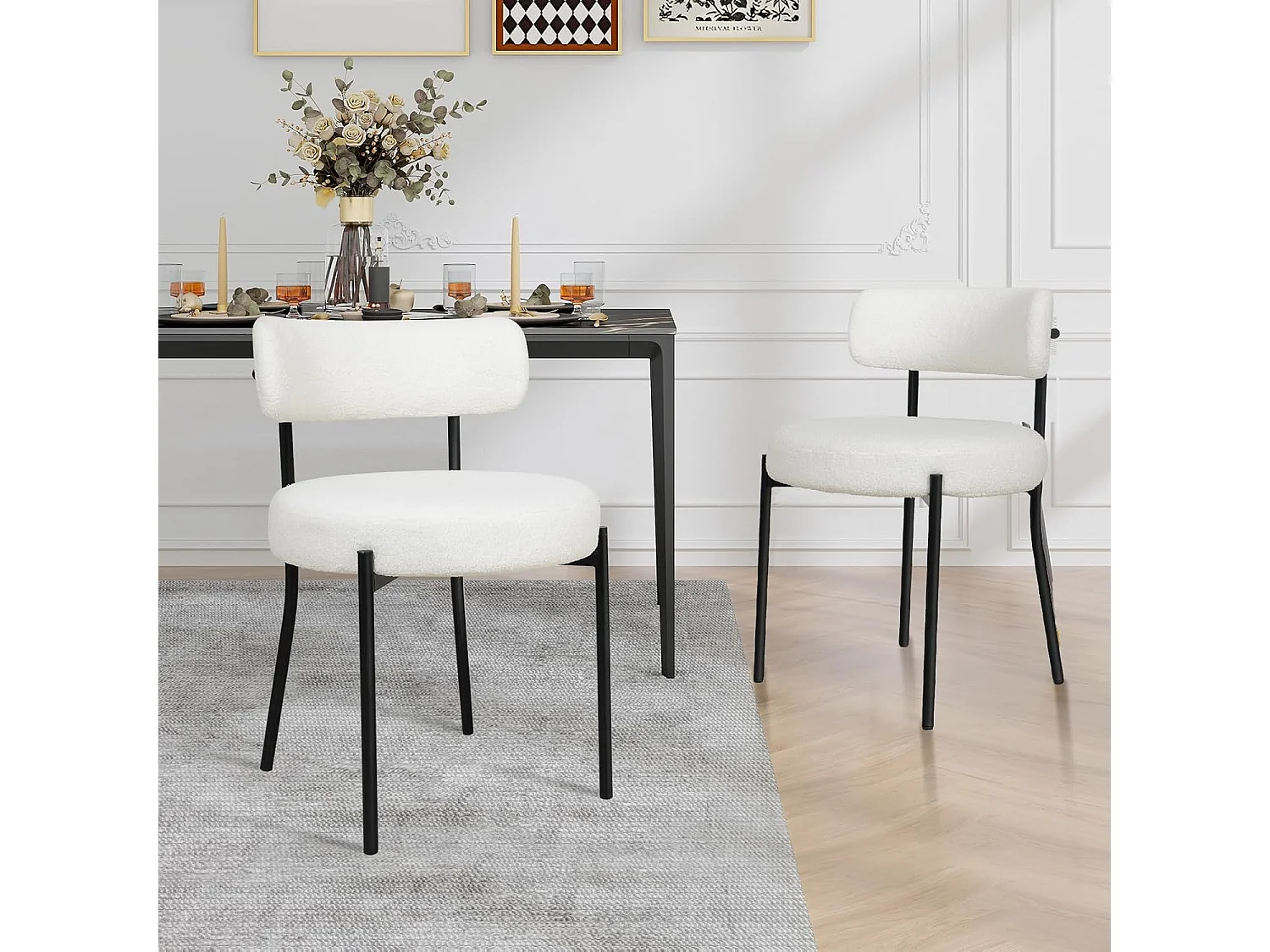 Chaise de salle à manger bouclette - Puluomis - Assise épaisse 10 cm, pieds métalliques, housse amovible, capacité de charge 150 kg - Blanc