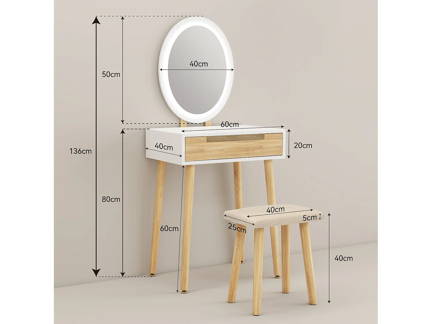 Coiffeuse - Puluomis - Miroir de maquillage LED - Tabouret de maquillage en bois - 1 grand tiroir - Naturel