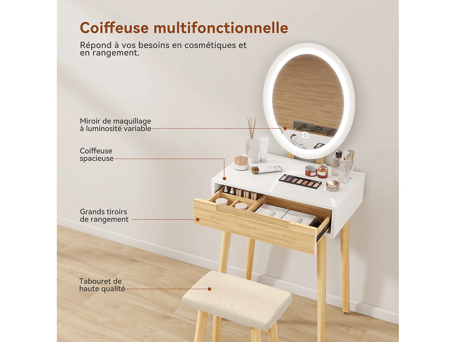Coiffeuse - Puluomis - Miroir de maquillage LED - Tabouret de maquillage en bois - 1 grand tiroir - Naturel