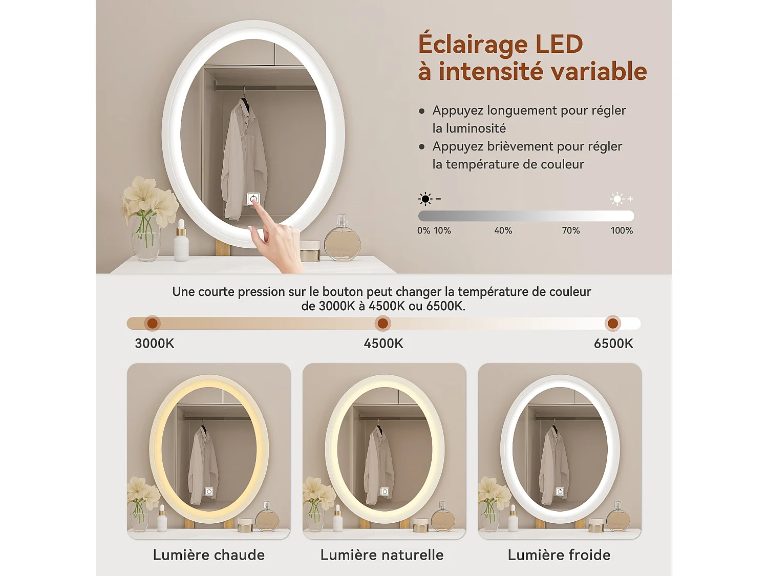 Coiffeuse - Puluomis - Miroir de maquillage LED - Tabouret de maquillage en bois - 1 grand tiroir - Naturel