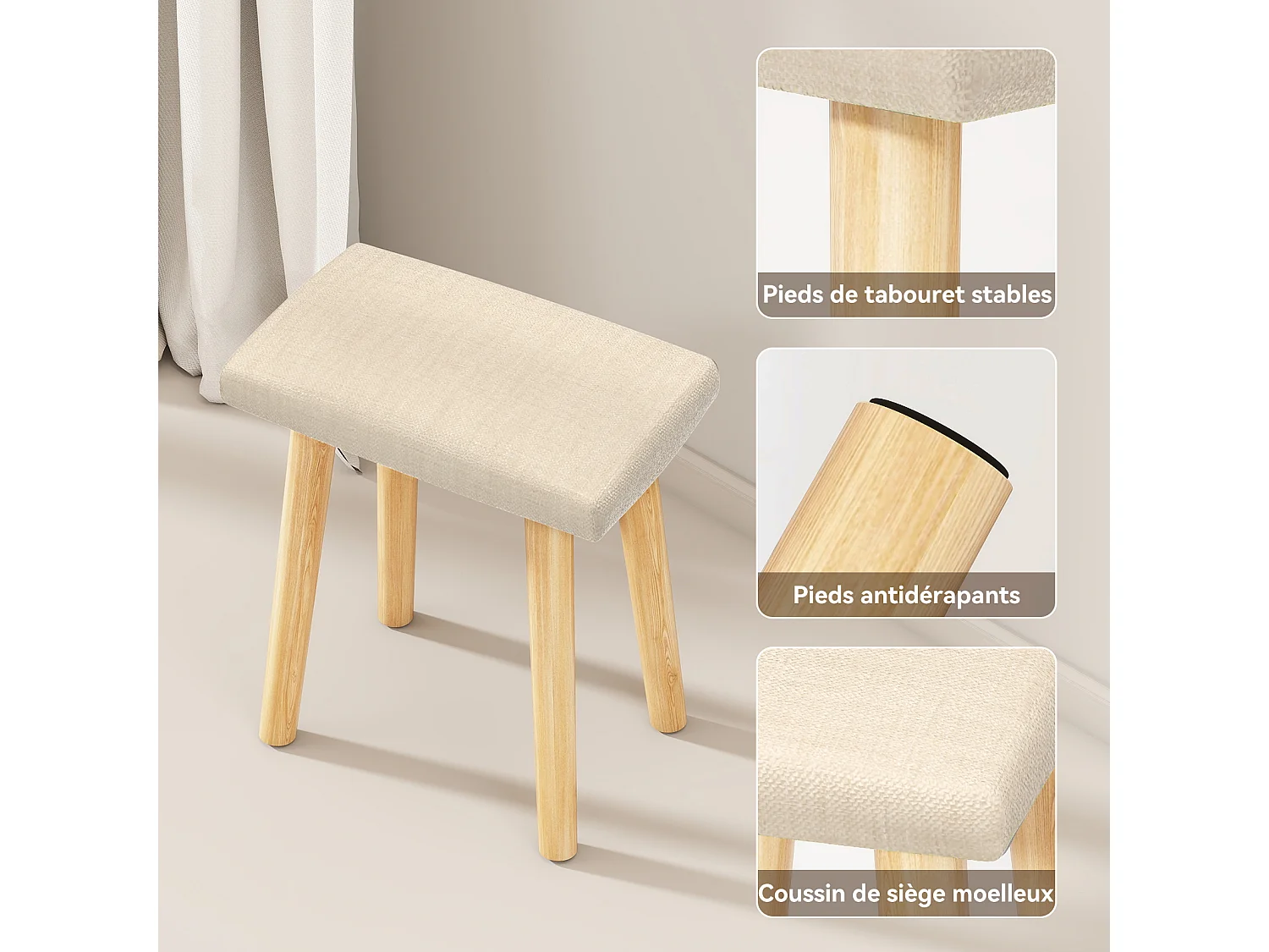 Coiffeuse - Puluomis - Miroir de maquillage LED - Tabouret de maquillage en bois - 1 grand tiroir - Naturel