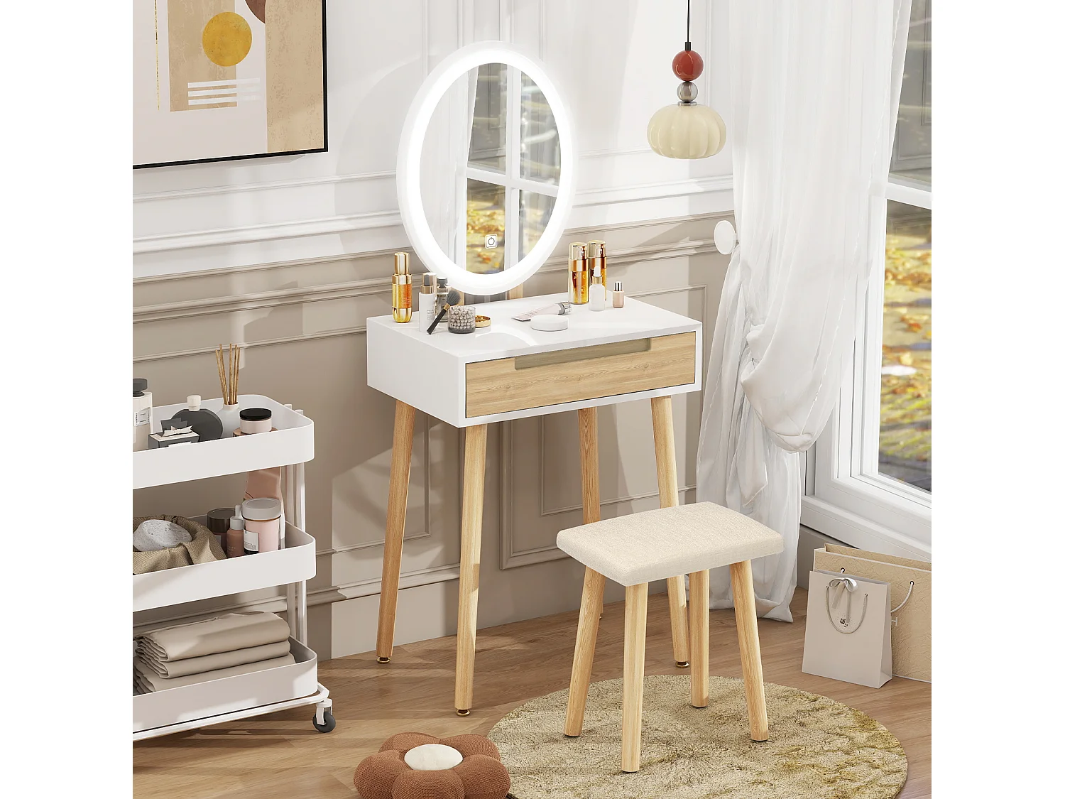 Coiffeuse - Puluomis - Miroir de maquillage LED - Tabouret de maquillage en bois - 1 grand tiroir - Naturel
