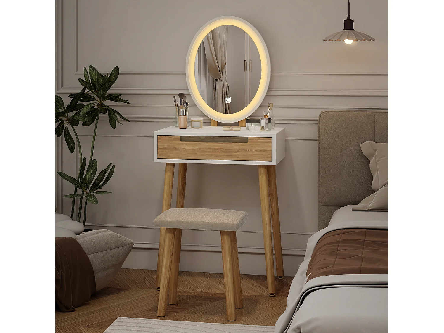 Coiffeuse - Puluomis - Miroir de maquillage LED - Tabouret de maquillage en bois - 1 grand tiroir - Naturel