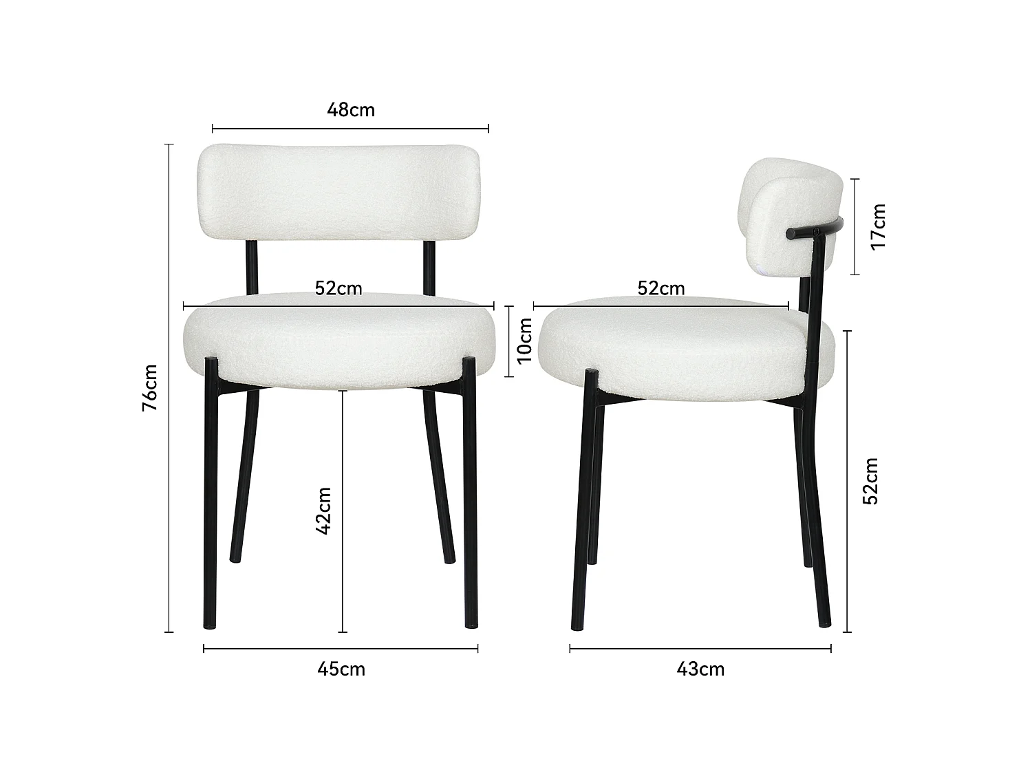 Chaise de salle à manger bouclette - Puluomis - Assise épaisse 10 cm, pieds métalliques, housse amovible, capacité de charge 150 kg - Blanc