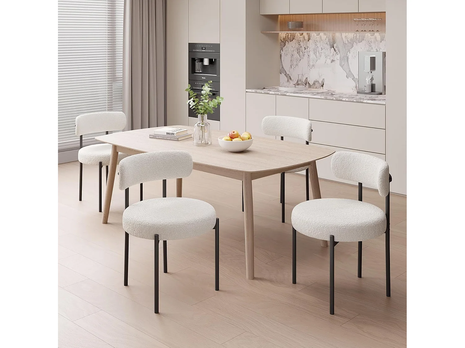Chaise de salle à manger bouclette - Puluomis - Assise épaisse 10 cm, pieds métalliques, housse amovible, capacité de charge 150 kg - Blanc