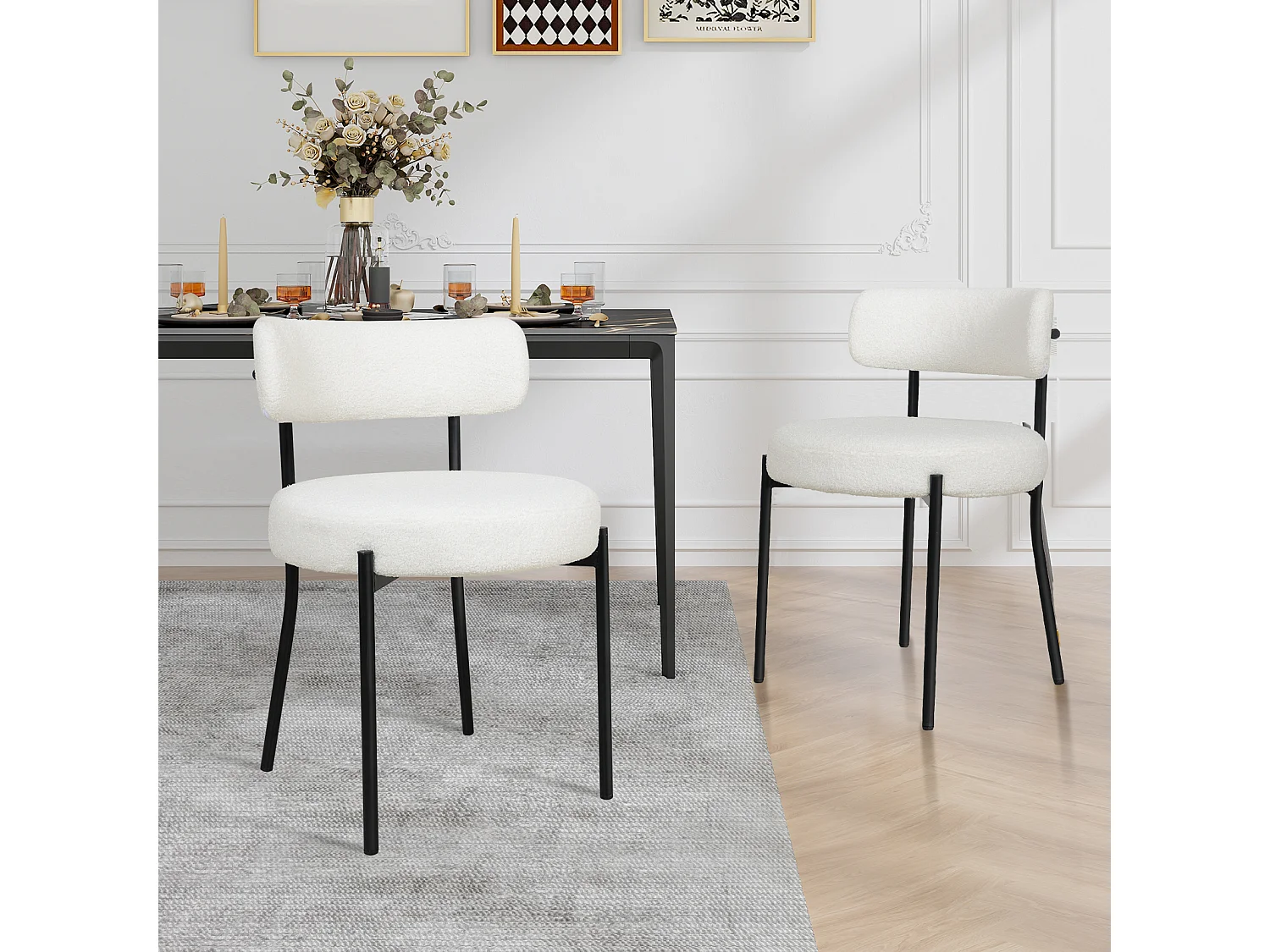 Chaise de salle à manger bouclette - Puluomis - Assise épaisse 10 cm, pieds métalliques, housse amovible, capacité de charge 150 kg - Blanc