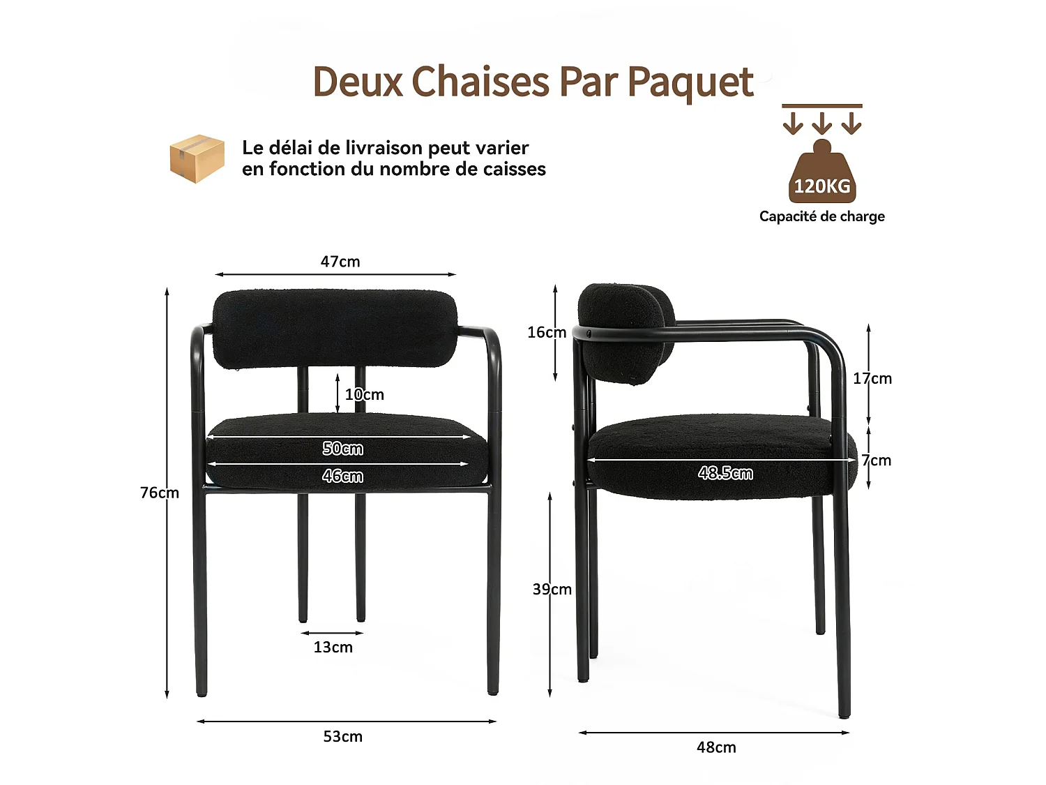 Chaise de salle à manger - Puluomis - Tissu Teddy avec accoudoirs, cadre en fer, patins réglables en hauteur - Noir